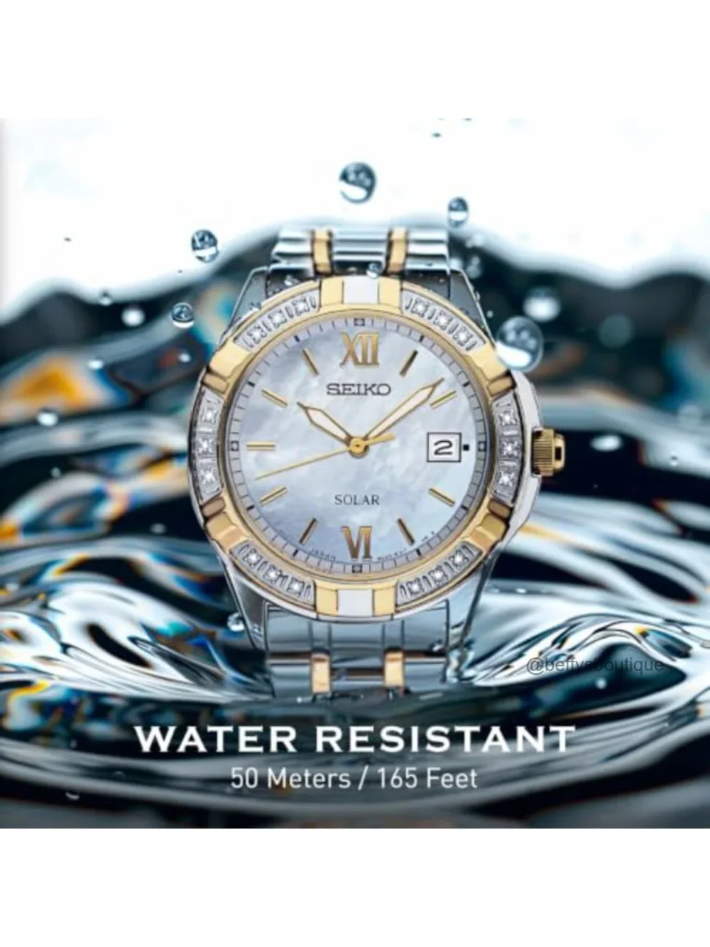 Solar Powered Women's Watch - Diamond Accents, Mother-of-Pearl Dial, Two-Tone
